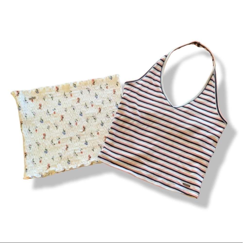 Set Of 2 Hollister Tops, Tube Top And Cropped Halter, Floral And Stripes